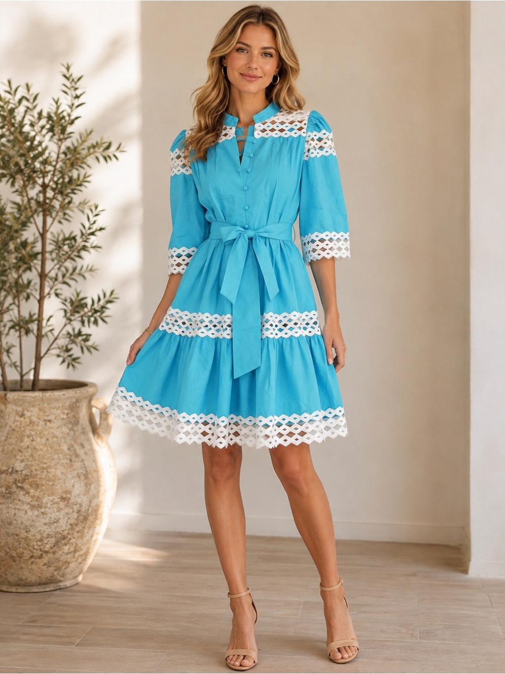 Beulah Turquoise Eyelet-Trim Mini Dress